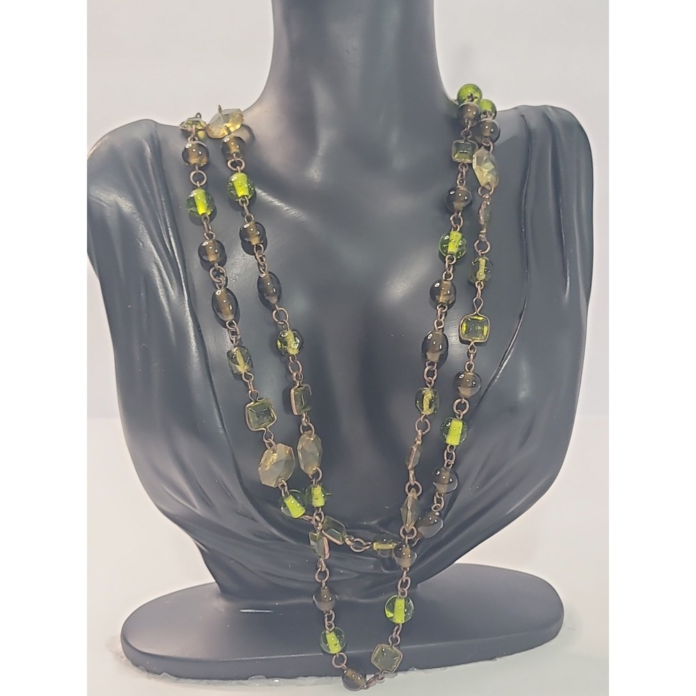 Green Brown Beaded Long Station Necklace Antiqued Gold Tone Boho